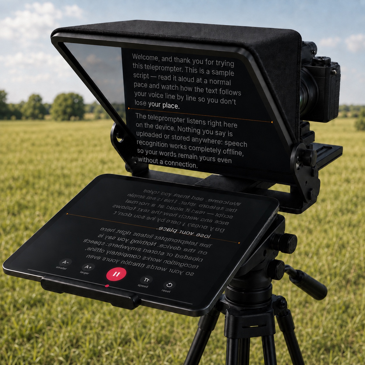 Whisprompt on a teleprompter rig in a field