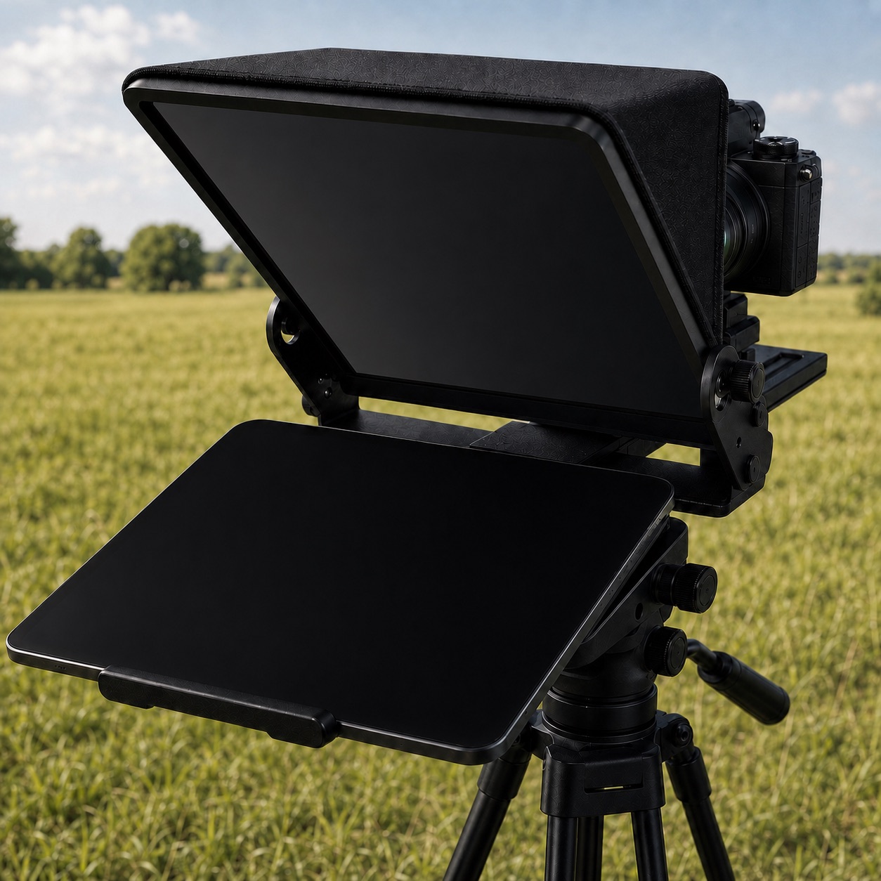 Whisprompt on a teleprompter rig in a field